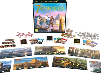 Het bordspel 7 Wonders met kaarten, fiches en speelborden, waarmee een strategiespel met een beschavingsopbouwmechanisme en een draft-systeem wordt getoond.