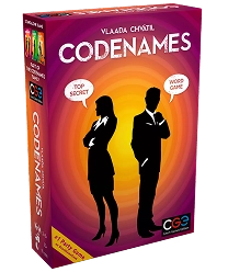 Codenames partybordspel in een doos, met een woordassociatiespel waarbij teams aanwijzingen geven om geheime agenten te identificeren in een competitieve groepssetting.
