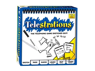 De Telestrations partygamebox bevat teken- en raadspelletjes, waarbij communicatie via de telefoon wordt gecombineerd met schetsen voor leuk groepsspel.