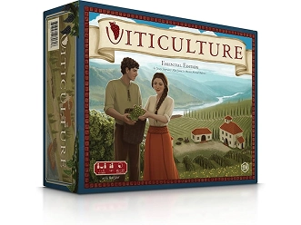 De doos van het bordspel Viticulture toont een wijngaardscène en is een strategiespel met werknemersplaatsing, gericht op wijnproductie en wijngaardbeheer.