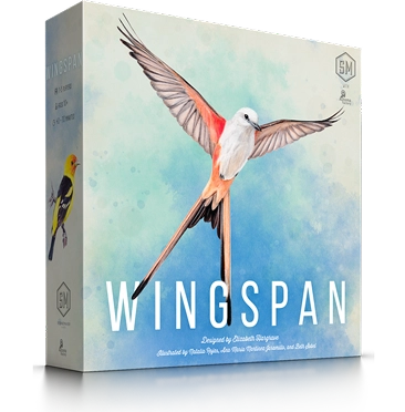 De doos van het Wingspan-bordspel is voorzien van een vogelillustratie en toont een engine-building-spel met een natuurthema, gericht op vogels en hun leefomgeving.